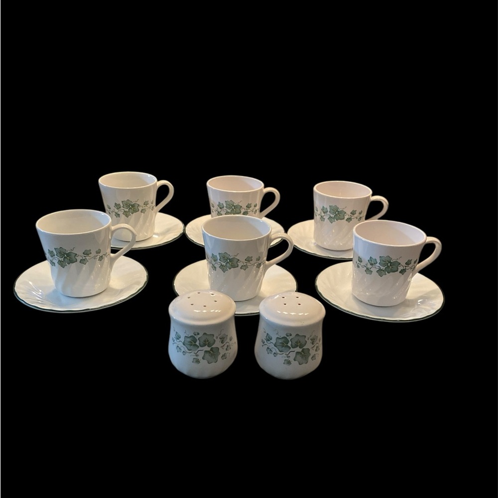 Vintage Corelle Callaway Ivy Mugs with Saucers & Salt and Pepper Shakers